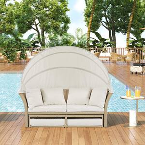 High-End Wicker Outdoor Patio Day Bed with Beige Cushions, 4 Pillows and Retractable Canopy