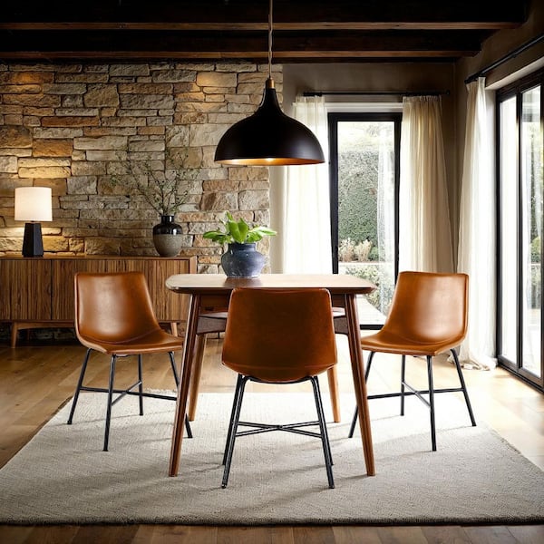 Walker Edison Furniture Company Whiskey Brown Modern Faux Leather Dining Chairs with Metal X Base, Set of 2