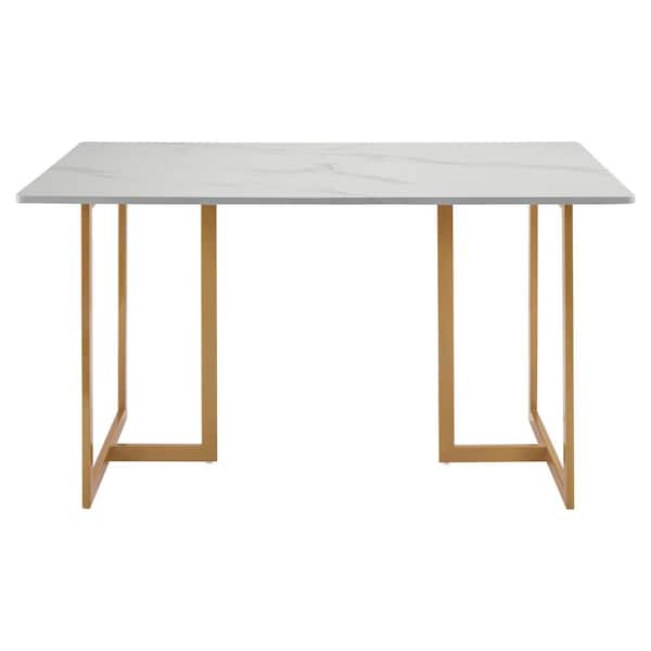 Mendon 55 in. Modern Rectangular Dining Table with Faux Marble Top and Gold Sled Metal Legs, Seats 6