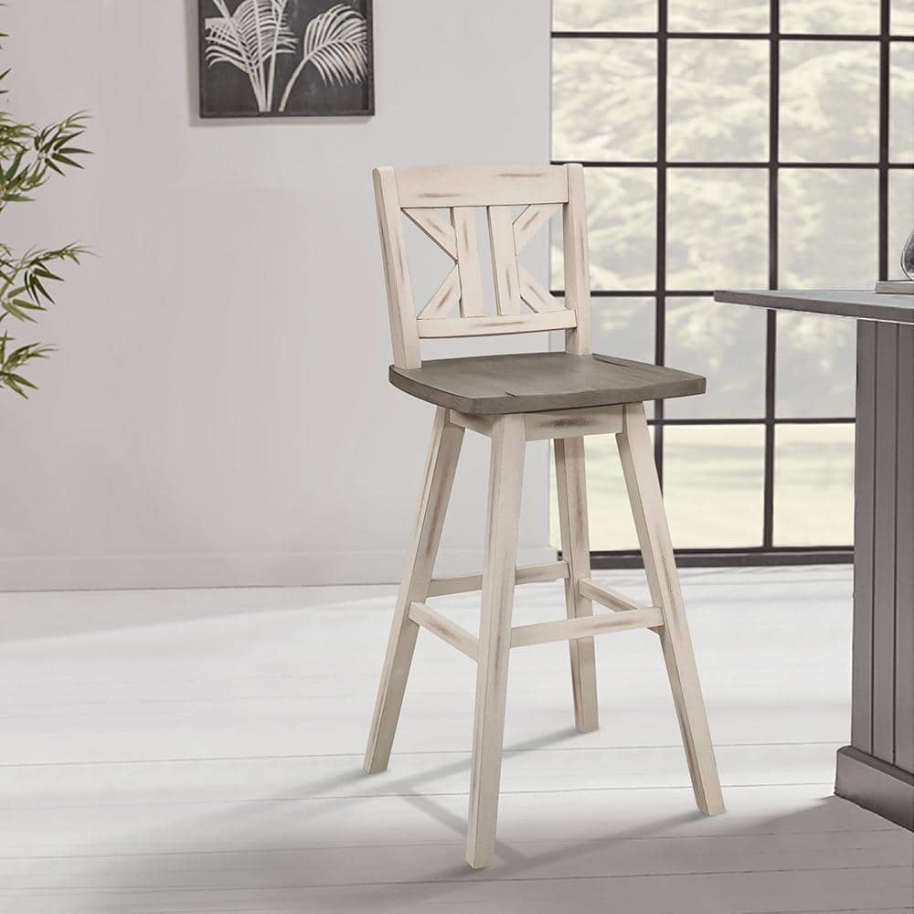 Distressed Gray and White Swivel Rubberwood Bar Stool