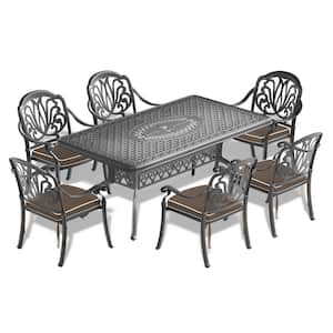 Elizabeth Black 7-Piece Cast Aluminum Outdoor Dining Set with Rectangle Table and Dining Chairs and Random Color Cushion