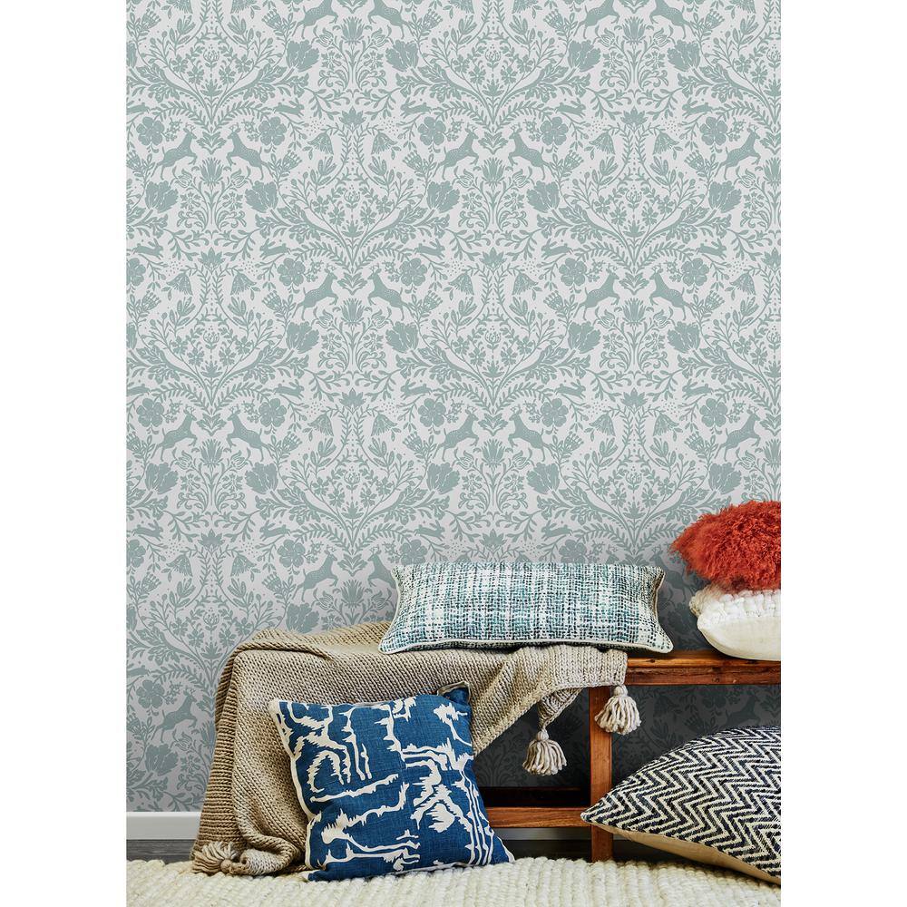 Aqua and White Damask Pre-Pasted Washable Wallpaper