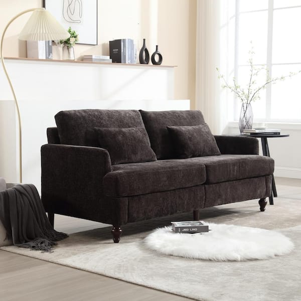 63 in. Square Arm Fabric Rectangle Mid Century Modern chenille Loveseat Sofa 2-Seat Upholstered in Black Chenille