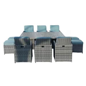 Tract Grey 11-Piece Wicker Rectangular Outdoor Dining Set with Light Green Cushion, Aluminum Table Top