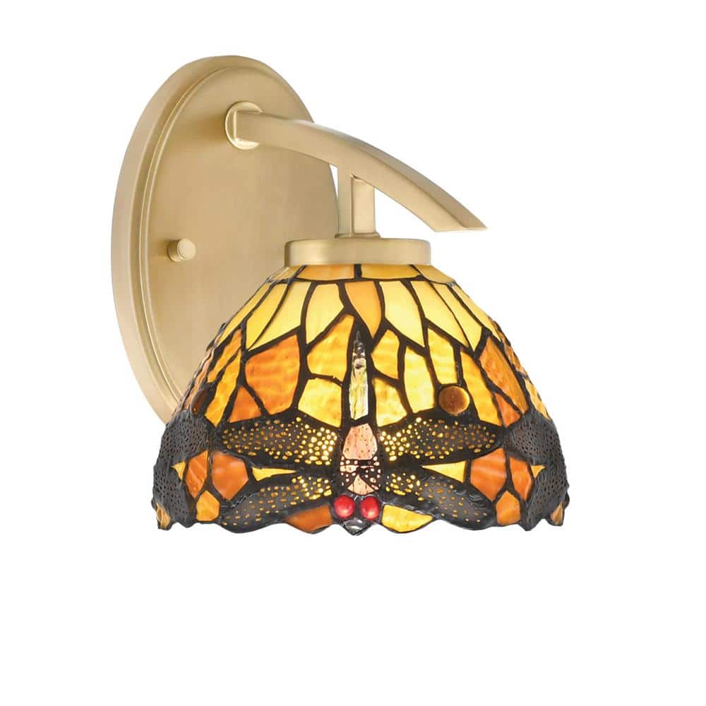 Siena 7 in. 1-Light New Age Brass Sconce with 7 in. Amber Dragonfly Art Gla