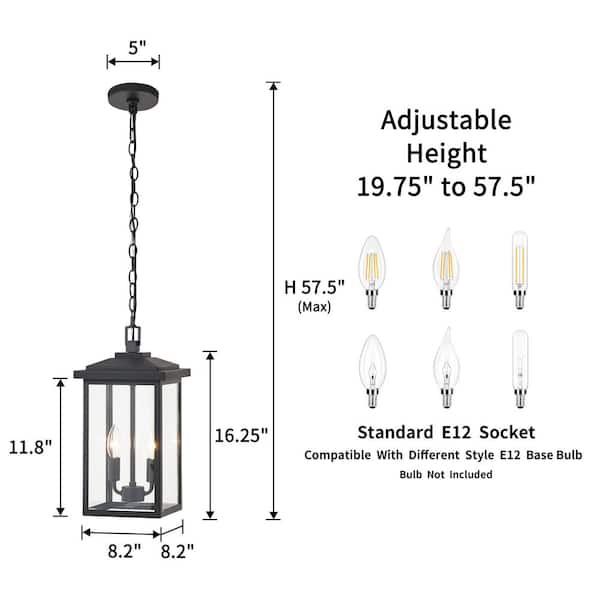 KAWOTI 16.25 in. 2-Light Black Outdoor Lantern Pendant Light with