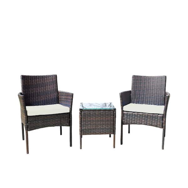Inner Decor Robison 3-Piece Brown Wicker Patio Conversation Set with Arms and Beige Cushions