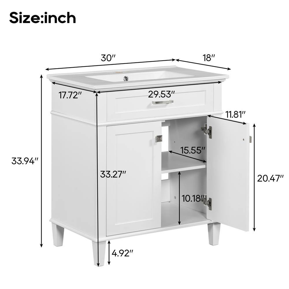 30-Inch White MDF Freestanding Bathroom Vanity with Ceramic Basin
