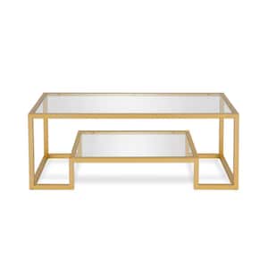 Athena 45 in. Brass/Clear Rectangle Glass Top Coffee Table with Shelf
