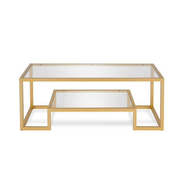 Meyer&Cross Athena 45 in. Brass/Clear Rectangle Glass Top Coffee Table with Shelf