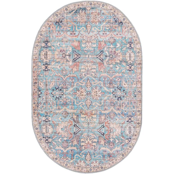 Unique Loom Nostalgia Katie Blue 4 ft. x 6 ft. Oval Machine Washable Area Rug