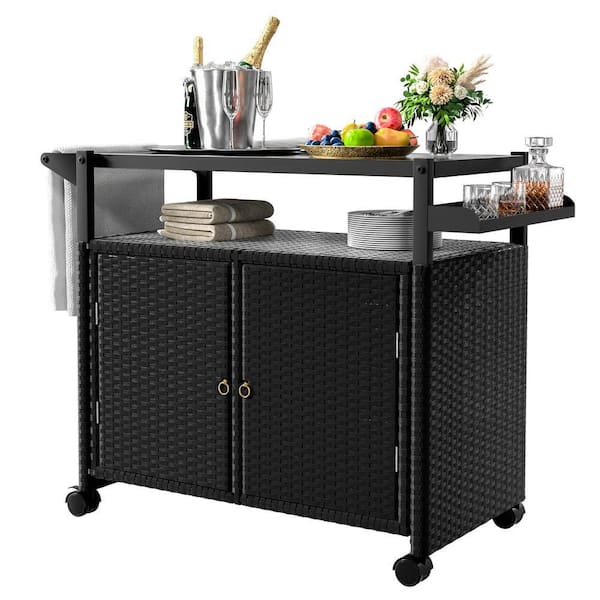 DIGITIME Outdoor Rolling Wicker Bar Serving Cart