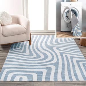 Maze Blue/Cream 3 ft. x 5 ft. Abstract 2-Tone Low-Pile Machine-Washable Area Rug