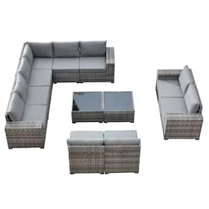 Tahoe Grey 12-Piece Wicker Wide Arm Outdoor Patio Conversation Sofa Seating Set with Grey Cushions