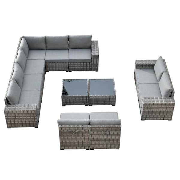 Tahoe Grey 12-Piece Wicker Wide Arm Outdoor Patio Conversation Sofa Seating Set with Grey Cushions