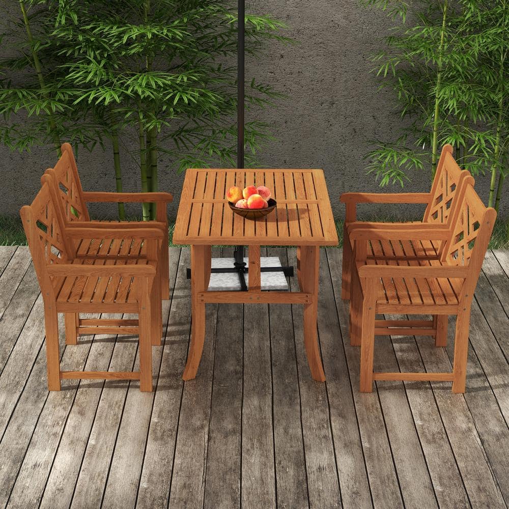 Teak Finish 4-Person Poplar Wood Outdoor Dining Set