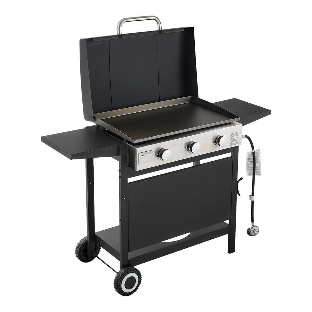 Gas Griddle, 3 x 11000 BTU Outdoor Flat Top Grills, 3-Burner Grill, Pulse Ignition, Removable Top Design Propane Black