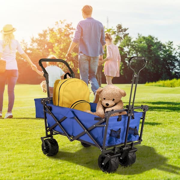 Extra Large Collapsible Garden Cart with Removable Canopy Folding Utility Wagon with Wheels, Blue, 3cu. ft., Steel Bin
