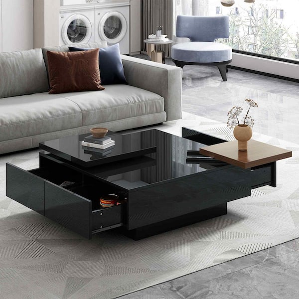 Polibi 31.5 in. Black Square MDF Coffee Table with High Gloss finish and 4 Hidden Storage Drawers