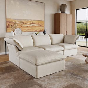 122.3 in. W Flared Arm Linen Modular 4-Piece Down-Filled Free Combination Sectional Sofa with Ottoman in Beige