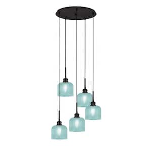 Albany 60-Watt 18.75 in. 5-Light Espresso Cord Pendant Light Turquoise Textured Glass Shade No Bulbs included