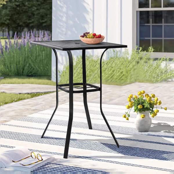 Suncrown Black Square Metal Bar Height Outdoor Dining Table with Umbrella Hole
