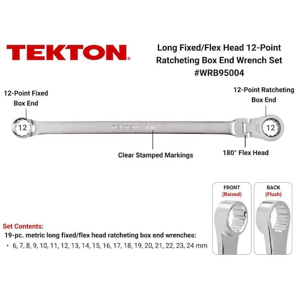 Long Fixed/Flex Head 12-Point Ratcheting Box End Wrench Set, 19-Piece (6-24 mm)