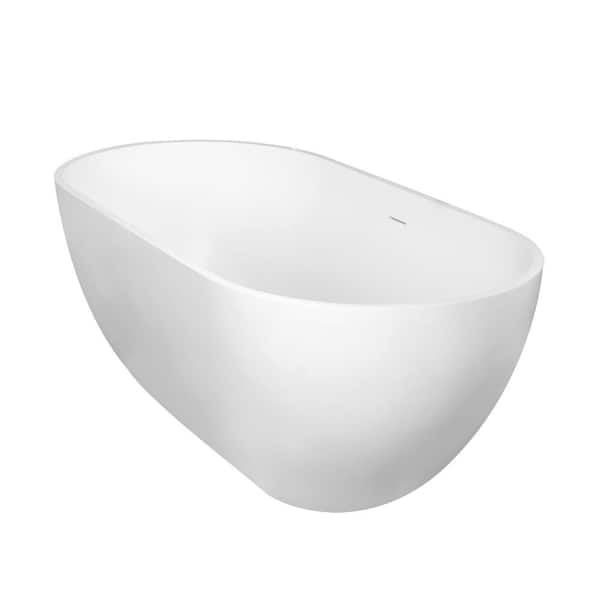 59 in. x 29.5 in. Stone Resin Straight Top Freestanding Soaking Bathtub with Center Drain in White