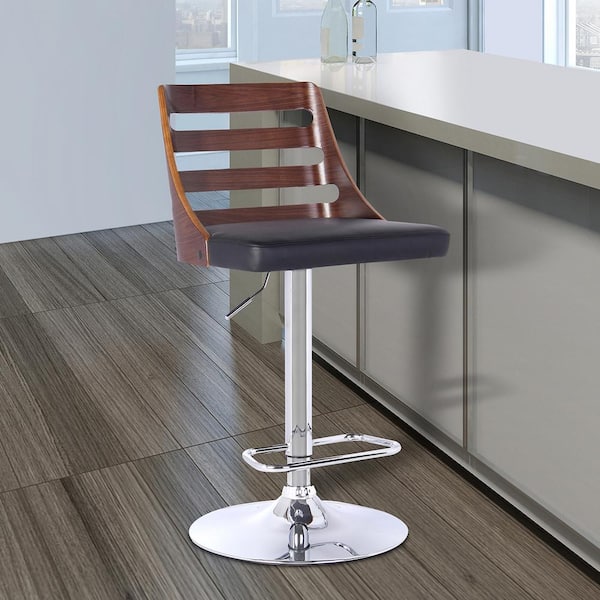 Armen Living Storm Bar Stool in Chrome with Walnut wood and Black Pu upholstery