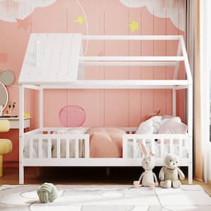 White Wood Full Size Kids House Bed Platform Bed with Roof and Safety Rail, Wood Kids Canopy Bed Frame with Fence