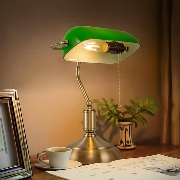 15 in. White Glass Bankers Task and Reading Lamp for Study or Library with Gold Finish Pull Chain and Adjustable Shade