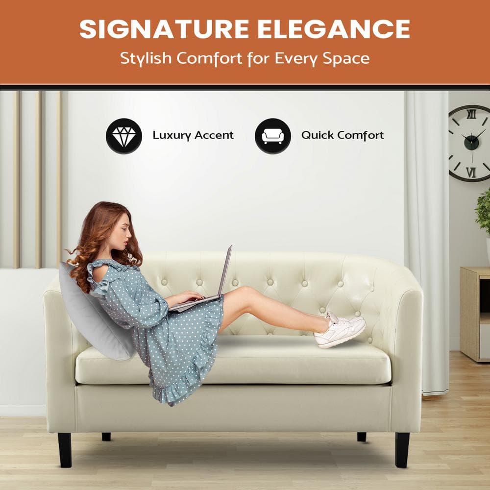 Cream Tufted Faux Leather Loveseat with Wooden Legs