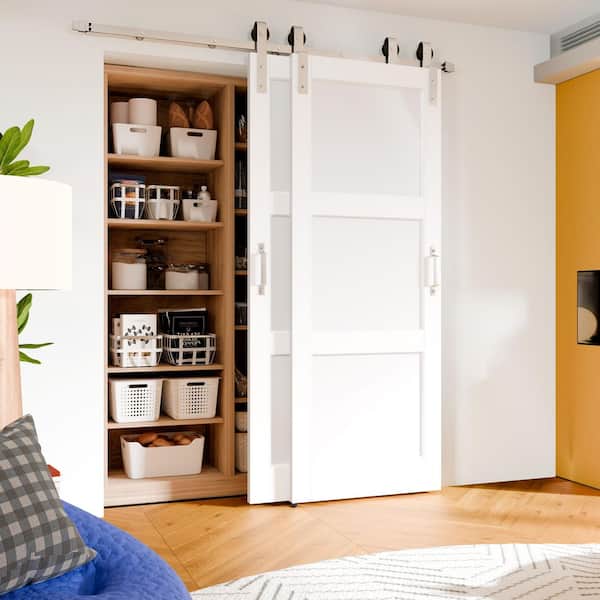 TENONER 60 in. x 80 in. 3 Panel Core White Primed Pine Wood Bypass Barn Door Slab with Nickel-plated Hardware Kit Set