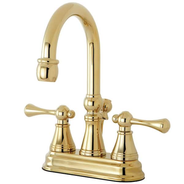 Kingston Brass Restoration 4 in. Centerset 2-Handle Bathroom Faucet with Brass Pop-Up in Polished Brass