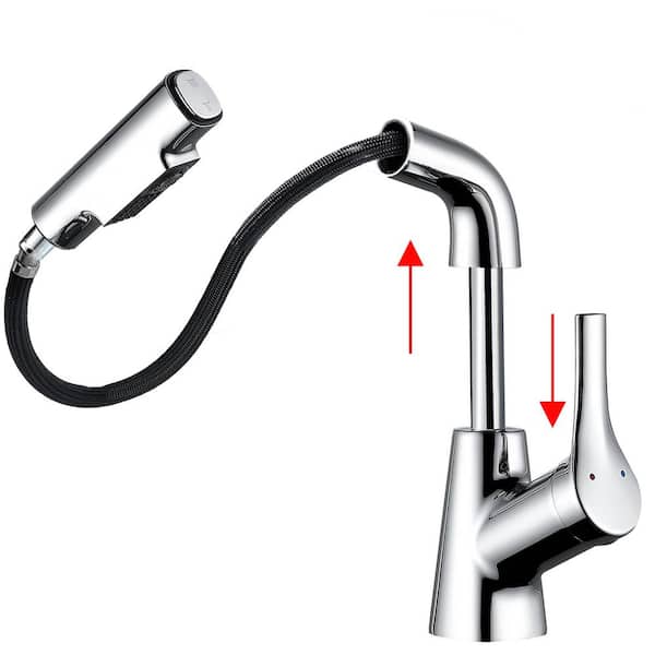 Single Handle Single Hole Pull Down Bathroom Faucet and 2-Spray Mode and Raised and Lowered Function in Polished Chrome