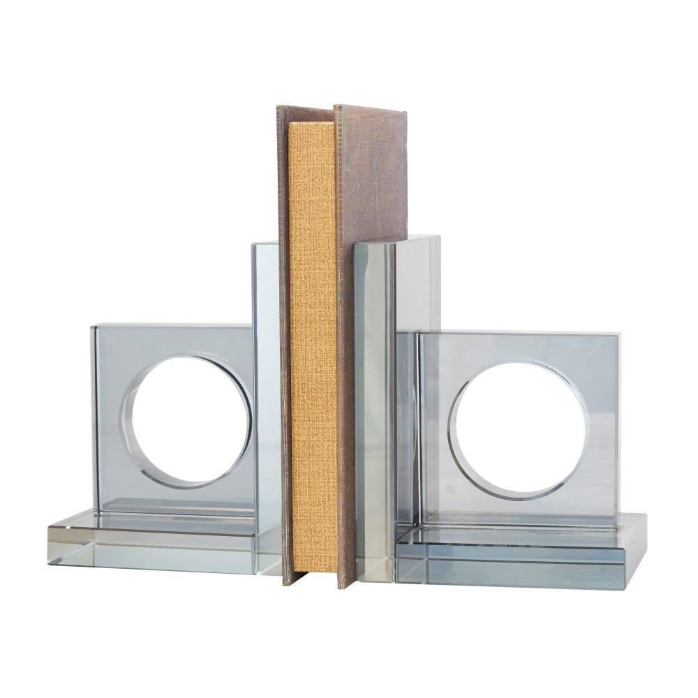 Clear Glass Geometric Non-Skid Bookends with Circle Cut Outs