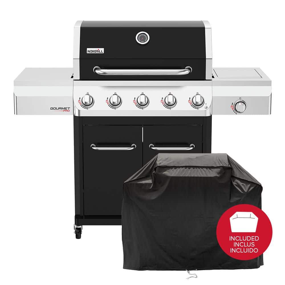 Gourmet Pro 5-Burner with Side Burner Propane Gas Grill in Black 720-1117 with PVC Cover 700-0110 Bundle