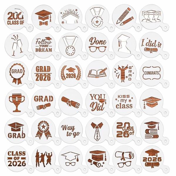 2.76 in. PET Reusable Class of 2026 Graduation Cookie and Coffee Decoration Stencils, Laser-Cut (36-Pack)