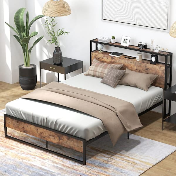 Brown Metal Frame Full Size Industrial Platform Bed Frame with Charging Station Storage Headboard