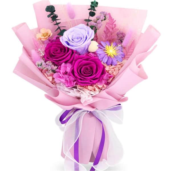 Dracelo 13.4-Inch Purple Artificial Preserved Rose Bouquet
