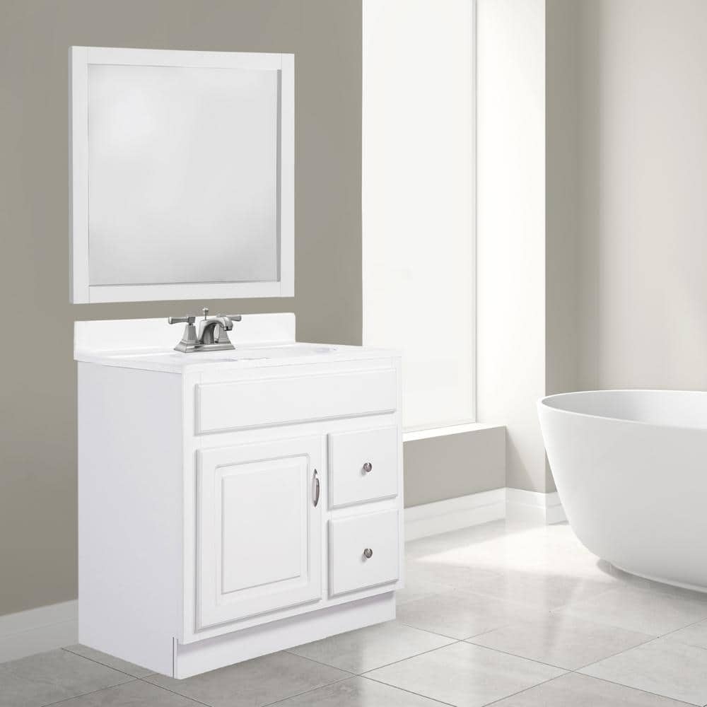 White 30-Inch MDF Bathroom Vanity with Satin Nickel Hardware