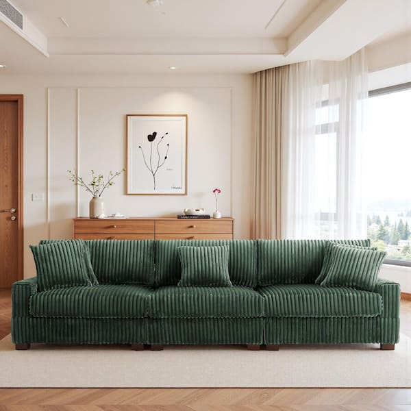 118.31 in. W Square Arm 3-Piece Faux Rabbit Fur Fabric Rectangle 3-Seats Sectional Sofa in. Green