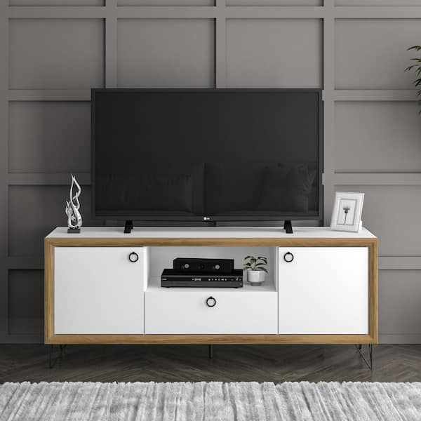Polifurniture Oslo 59 in. White and Light Brown TV Stand with Drawer Fits TVs up to 65 in.