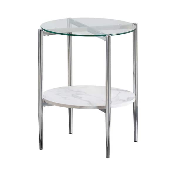 Coaster 21 in. White Carrara Faux Marble and Chrome Round Glass End Table