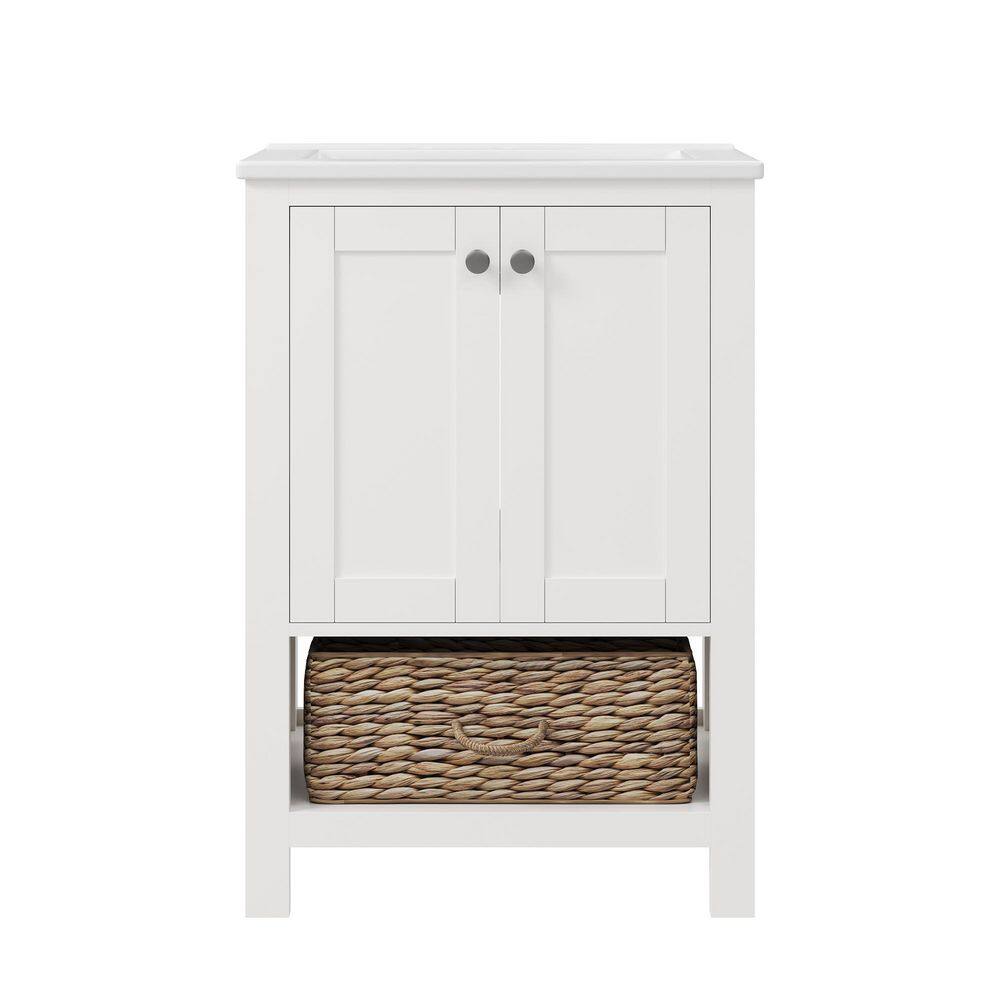 24" White Freestanding Bathroom Vanity with Ceramic Top and Woven Basket