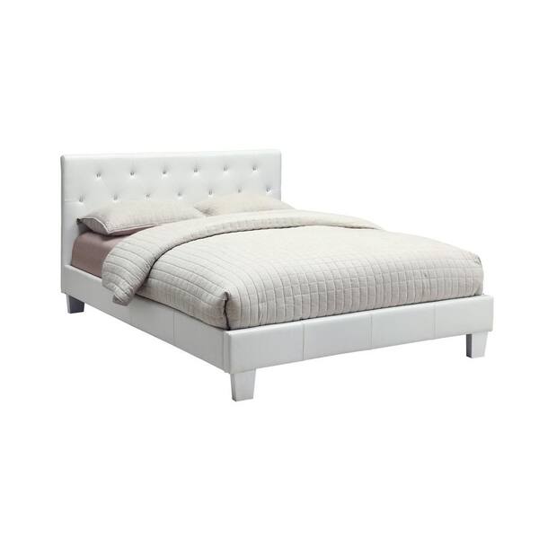 Worldwide Homefurnishings Faux Leather Crystal Tufted Queen-Size Platform Bed in White