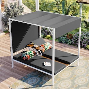 White Frame Metal Outdoor Day Bed, Patio Sunbed with Gray Cushions and Adjustable Seats