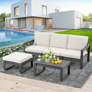 3-Piece Plastic Outdoor Sectional Sofa with Creamy-White Cushions, HDPE Patio Furniture Set