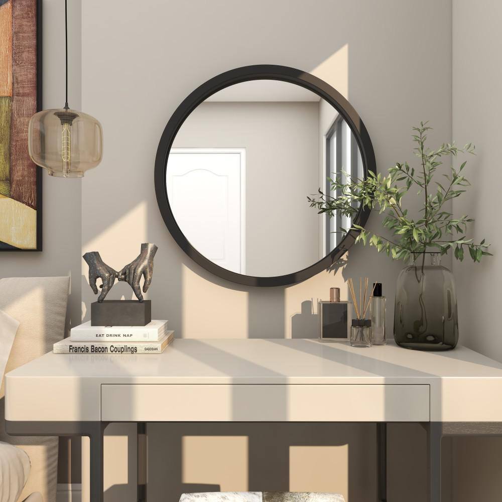 30" Modern Round Wall Mirror with Sleek Wooden Frame
