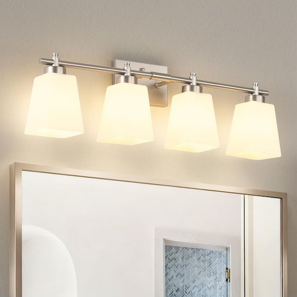 28.2 in. 4-Light Nickel Bathroom Vanity Light Contemporary Wall Sconce with Milky White Glass Shades